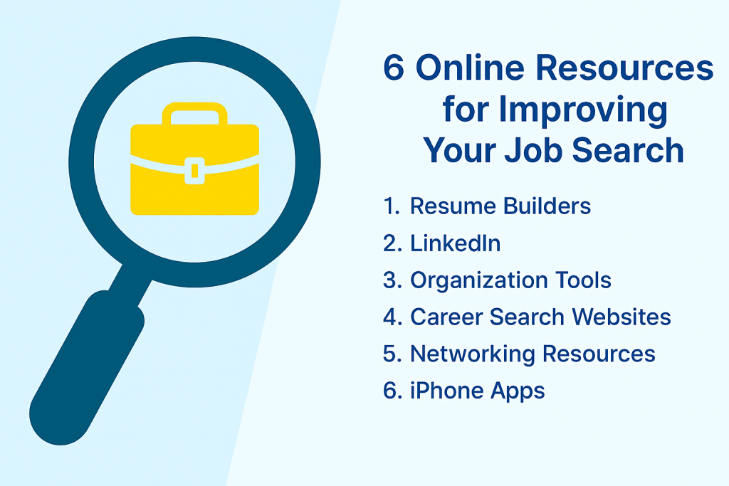 Illustration of a magnifying glass highlighting a yellow briefcase, symbolizing job search tools, with a list of six online resources including resume builders, LinkedIn, organizational tools, career websites, networking platforms, and iPhone apps.