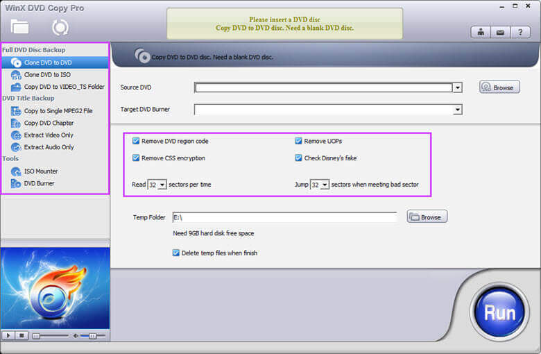 DVD Copy Pro Copy Modes: Clone DVD to DVD, DVD to ISO image, Video TS folder, MPEG2 file; back up DVD chapter; extract audio/video only