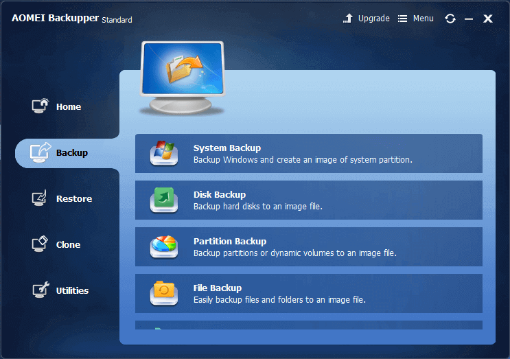 Backup Options in AOMEI Backupper Standard - System Backup, Disk Backup, Partition Backup, File Backup