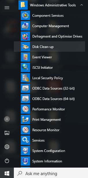 How to Recover Disk Space on Windows 10 - Windows Administrative Tools > Disk Clean-up