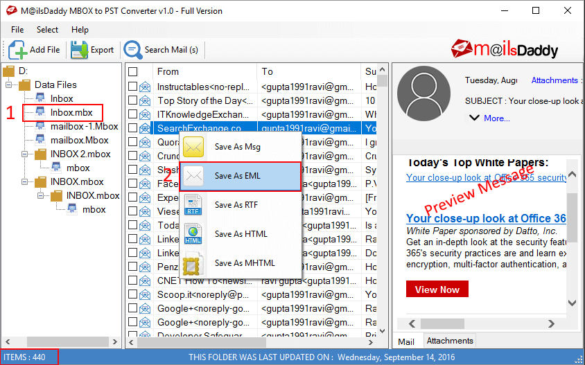 MailsDaddy MBOX to PST Converter converts MBOX files to PST, EML, MSG, RTF, HTML and MHTML formats