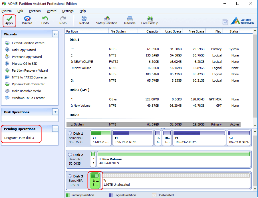 Apply Migrate OS to SSD Operation - AOMEI Partition Assistant Professional Edition