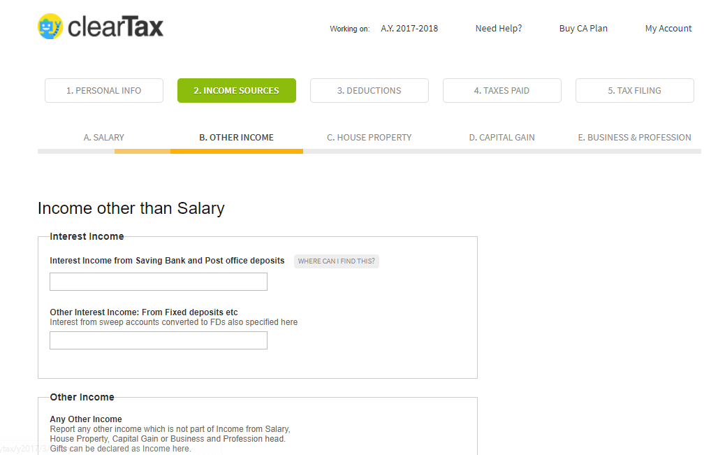 ClearTax Income Sources - Other Income - Income other than salary