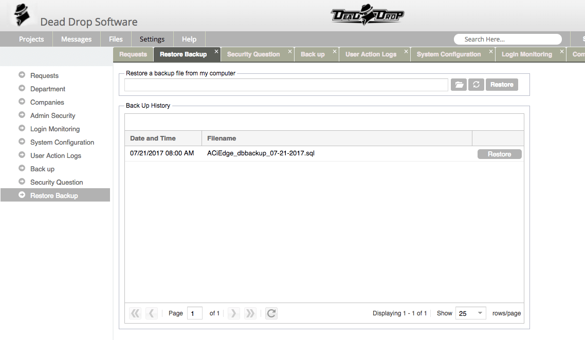 Dead Drop Software Settings Screen Shot - Database Backup - Restore Backup