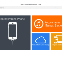 Stellar Phoenix Data Recovery for iPhone main screen options - Recover from iPhone, Recover from iTunes Backup, Recover from iCloud Backup, Import file to iPhone