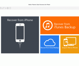 Stellar Phoenix Data Recovery for iPhone main screen options - Recover from iPhone, Recover from iTunes Backup, Recover from iCloud Backup, Import file to iPhone