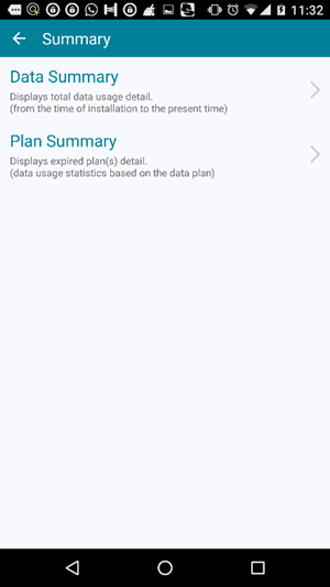 Data Summary displays total data usage detail from the time of installation of the app to the present time. Plan Summary displays expired plan(s) detail data usage statistics based on the data plan.