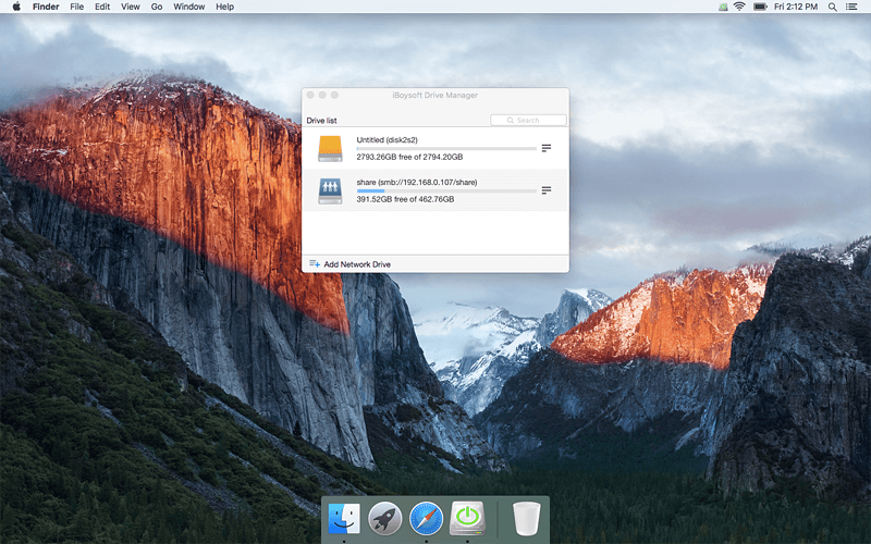 iBoysoft Drive Manager can help mount/unmount external drive and network drive with a single click