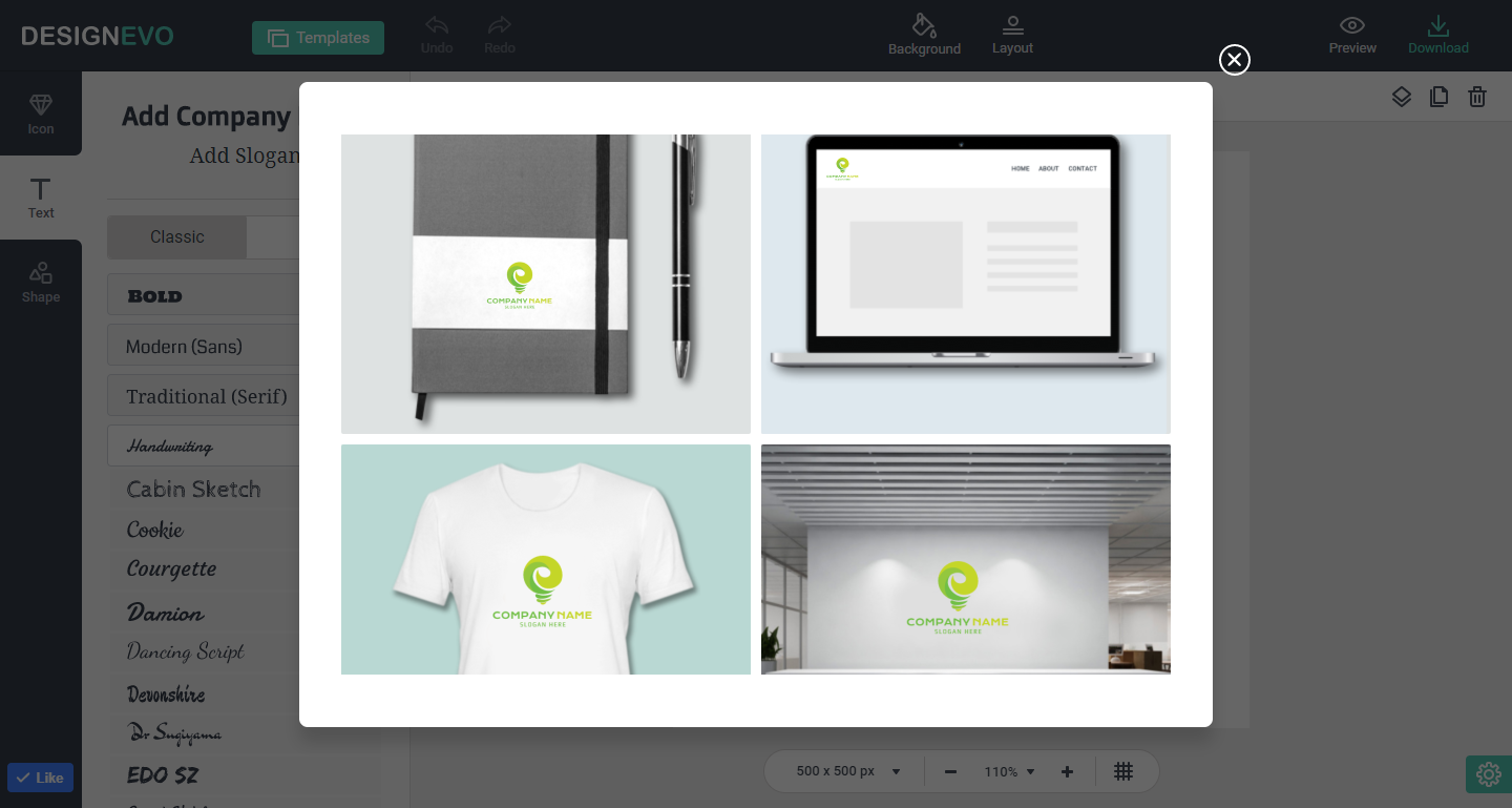 Your created logo using DesignEvo logo design tool on the business card, t-shirt, wall, website and book cover