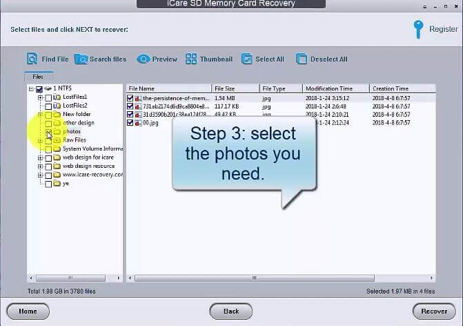 iCare SD Memory Card Recovery. Step 3: Select the photos you need and click Next to recover