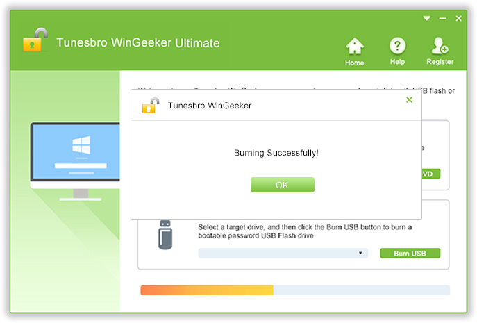 TunesBro WinGeeker Ultimate. Select the target drive, and then click the Burn USB button to burn a bootable password USB Flash drive