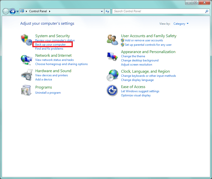 Back up your computer from Windows control panel settings under system and security