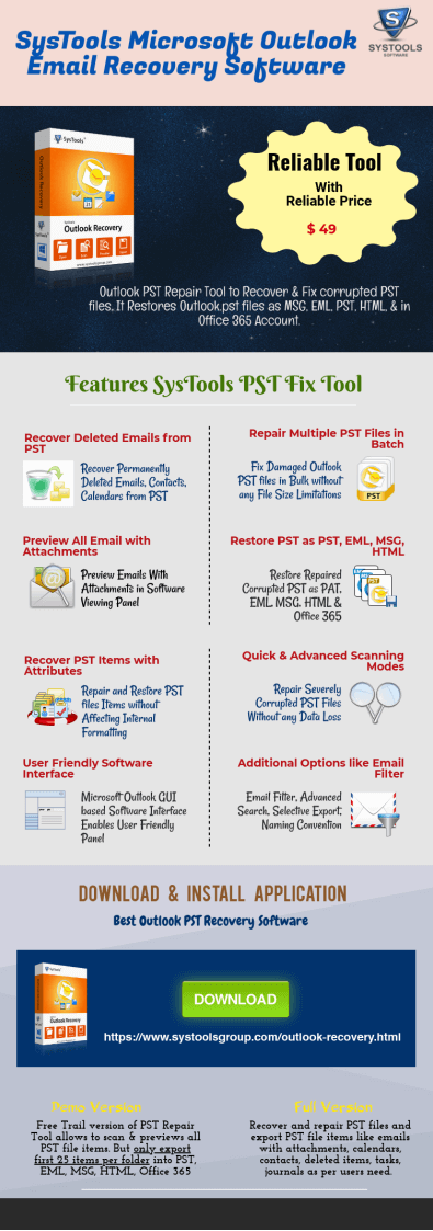 Recover and Fix corrupted PST files using SysTools Microsoft Outlook Email Recovery Software. Features of SysTools PST Fix Tool