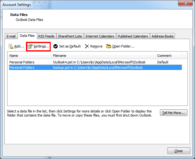 Outlook Data Files Setting