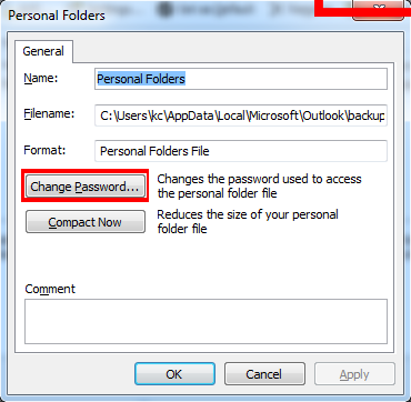 Change the password used to access the personal folder file