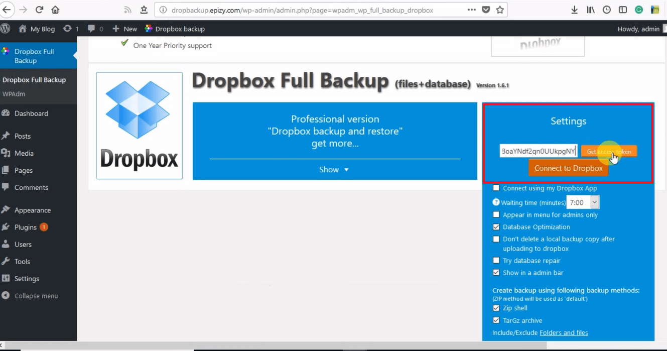 Image 4: Full Backup WordPress Site To Dropbox and Restore. Dropbox Full Backup Plugin Settings > Get access token > Connect to Dropbox