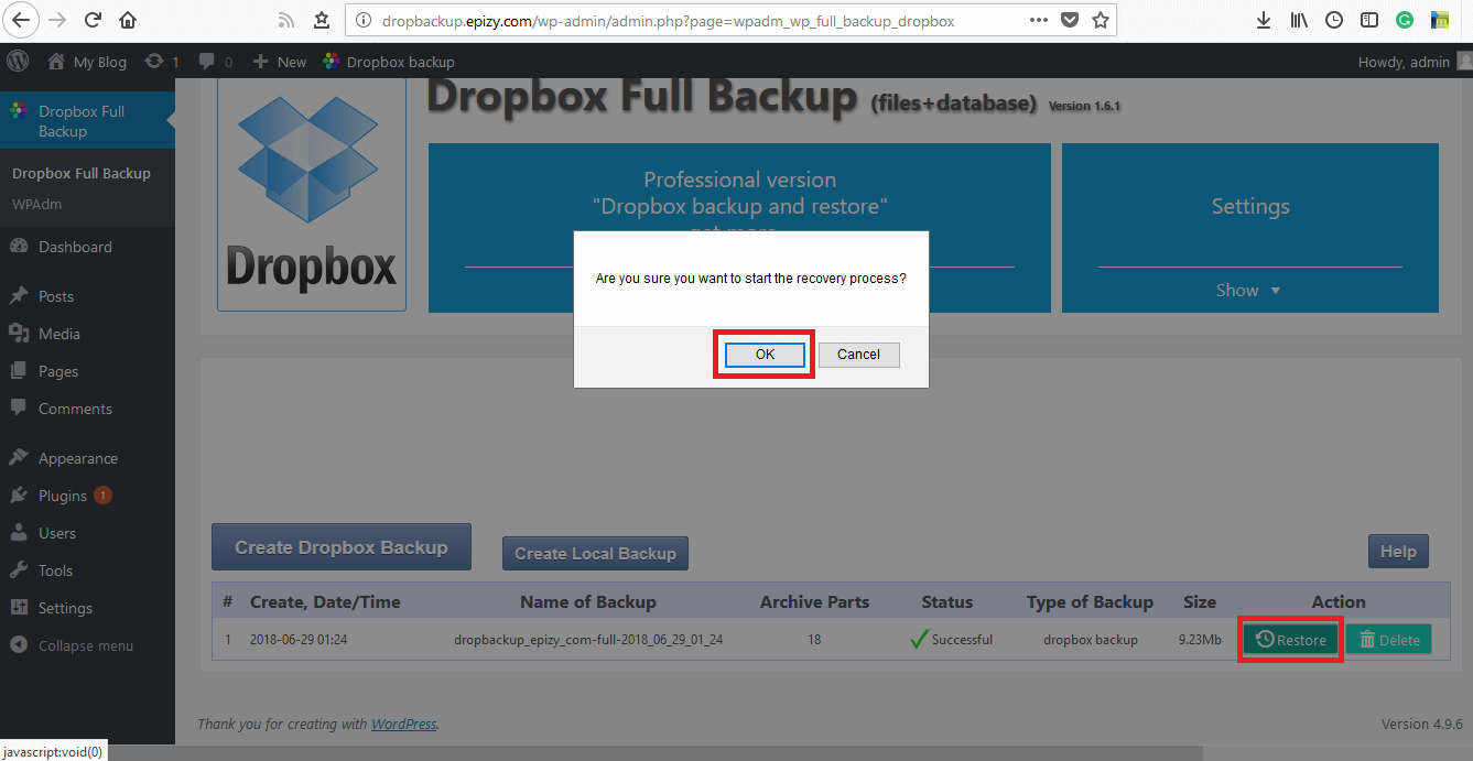 Image 8: Restore your WordPress website from Dropbox Backup