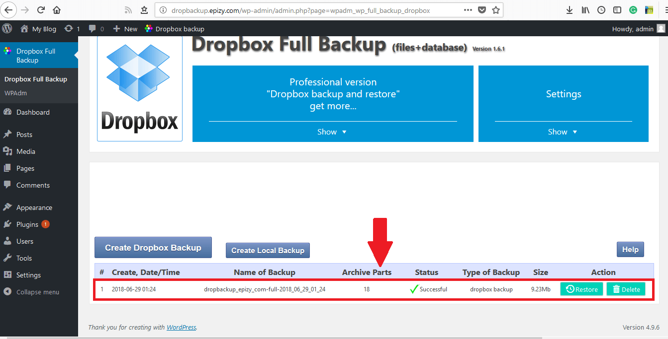 Image 7: Recent Backup using Dropbox Full Backup Plugin