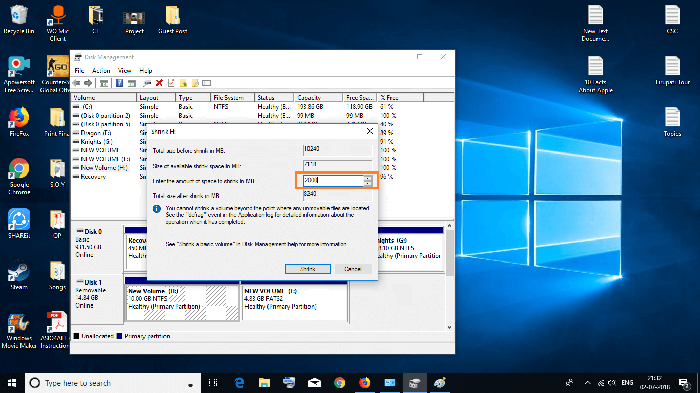 Shrink a volume or partition in Windows 10. Enter the amount of space to shrink in MB.