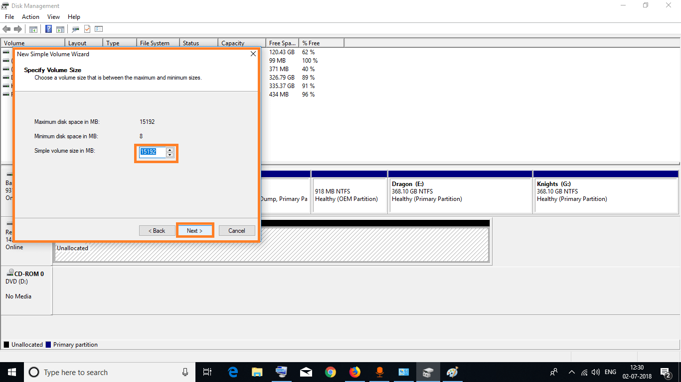 Windows 10 New Simple Volume Wizard. Choose Simple Volume Size in MB