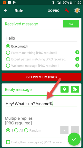 Automatically respond to custom received WhatsApp messages with AutoResponder for WhatsApp Android App. You have a lot of settings to customize each auto reply for your needs.  