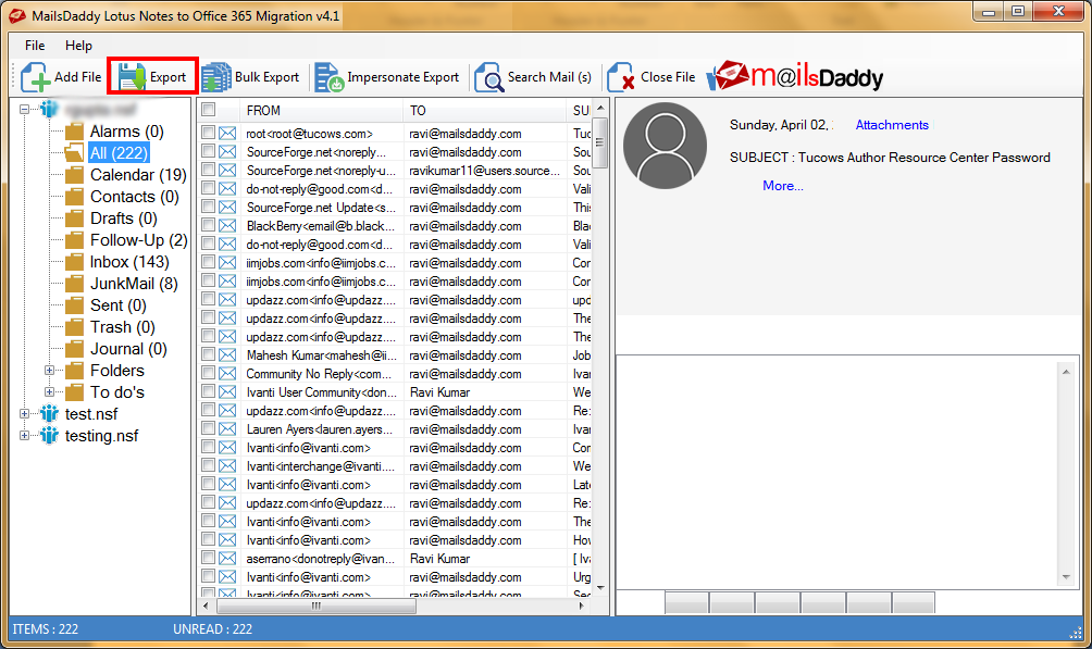 MailsDaddy Lotus Notes to Office 365 Migration - Click on Export screenshot