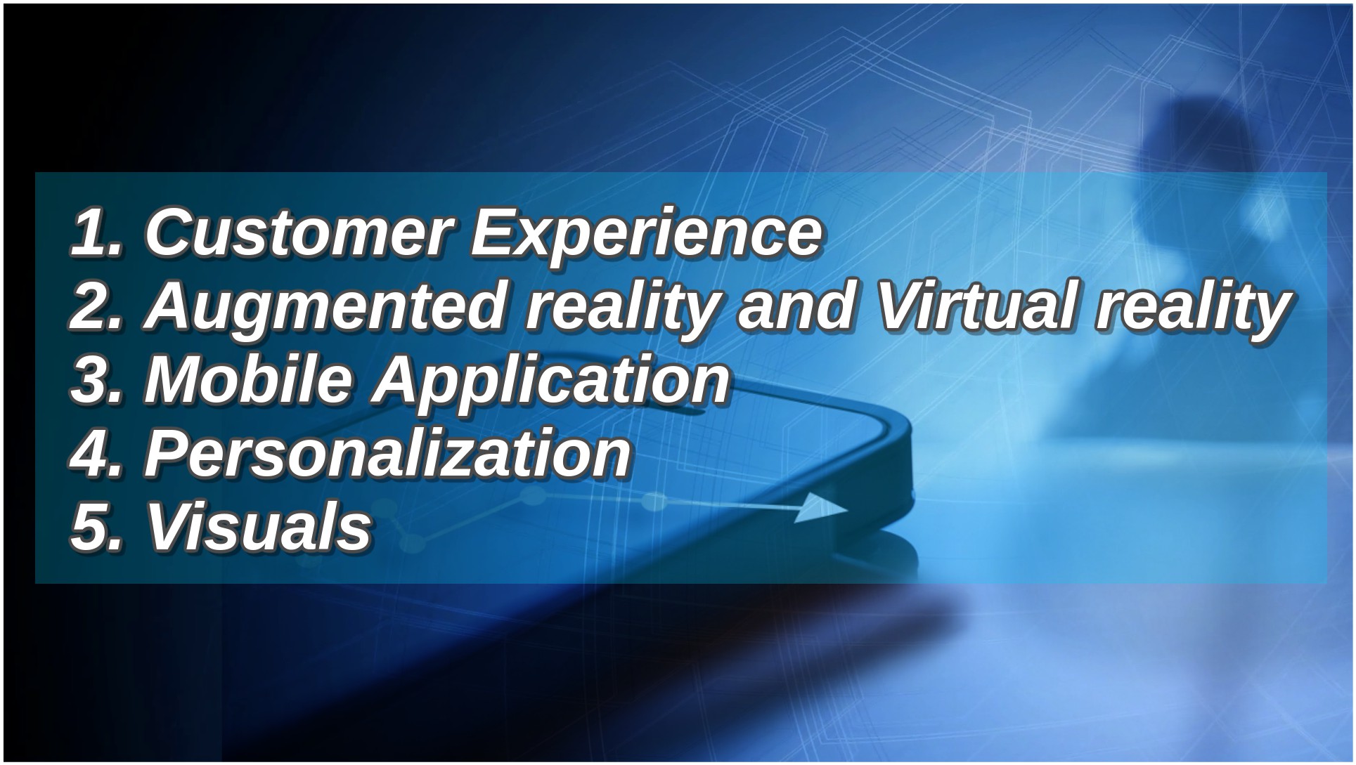 Top 5 e-Commerce Trends: 1. Customer Experience - 2. Augmented reality and Virtual reality - 3. Mobile Application - 4. Personalization - 5. Visuals