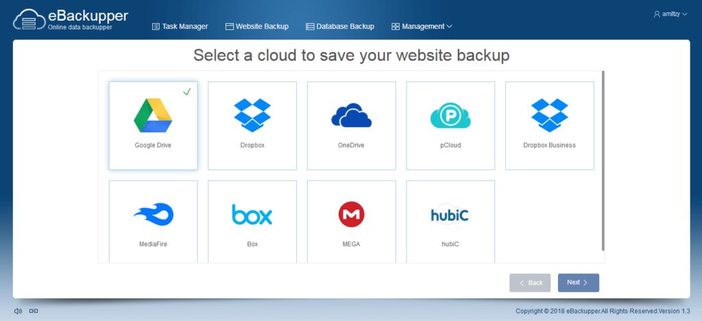eBackupper Online data backupper. Select a cloud service to save your website backup.