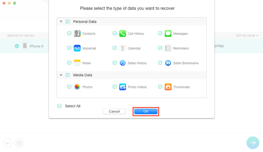 Recover iPhone XR from iTunes Backup. Please select the type of data you want to recover: Contacts, Call History, Messages, Voicemail, Calendar, Reminders, Notes, Safari History, Safari Bookmarks, Photos, Photo Videos, Thumbnails.