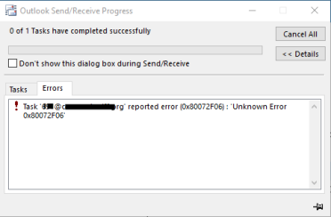 Outlook Unknown Error 0x80072F06