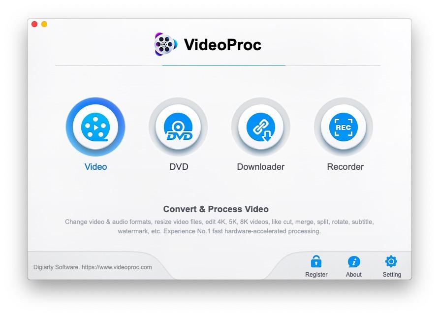 VideoProc Video Processing & Editing Software. Convert & Process Video. Change video & audio formats, resize video files, edit 4K, 5K, 8K videos, like cut, merge, split, rotate, subtitle, watermark, etc. No.1 fast hardware-accelerated processing.