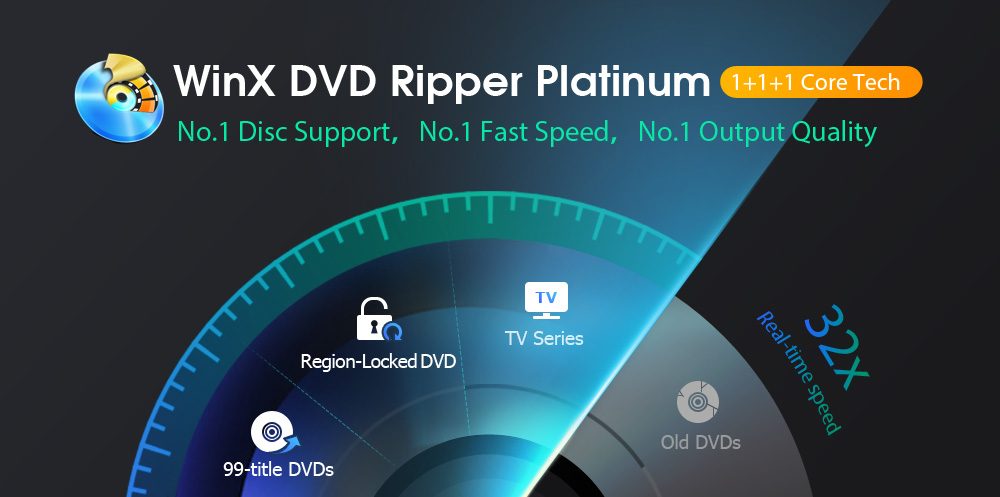 WinX DVD Ripper Platinum. No.1 Disc Support, No.1 Fast Speed, No.1 Output Quality. Rip DVDs. 32x Real-time speed. 99-title DVDs, Region-Locked DVD, TV Series, Old DVDs.