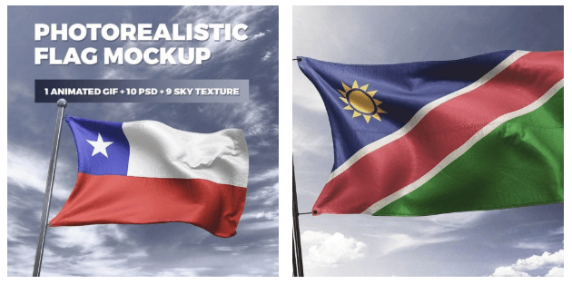 Photorealistic Flag MockUp - 1 Animated GIF + 10 PSD + 9 Sky Textures.