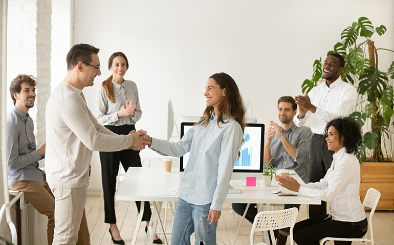 Employee Recognition, Boss Congratulating successful Employee, Appreciating for Good Work Result, Colleagues Applauding.