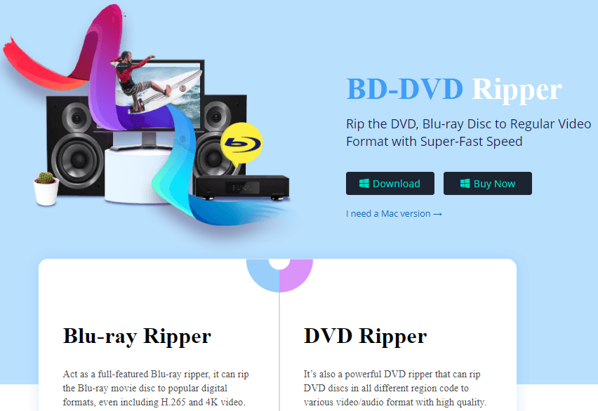 VideoSolo BD-DVD Ripper – Rip the DVD, Blu-ray Disc to Regular Video Format with Super-Fast Speed. As a full-featured Blu-ray Ripper, it can rip the Blu-ray movie disc to popular digital formats, even including H.265 and 4K video. It is also a powerful DVD Ripper that can rip DVD discs in all different region code to various video/audio format with high quality.