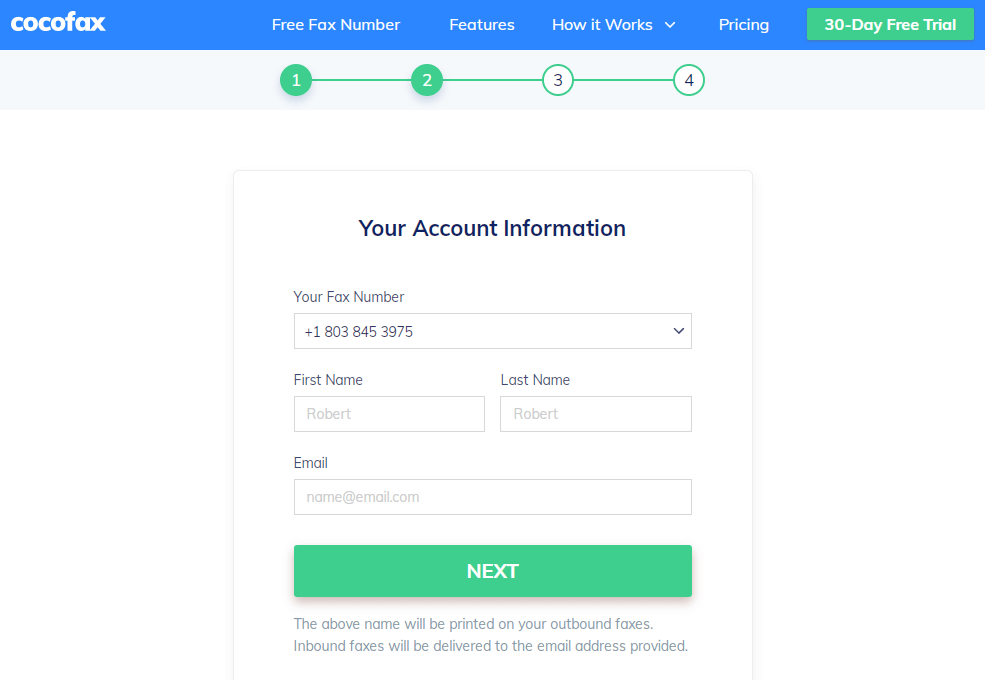 CocoFax 30-Day Free Trial. Enter Your Account Information - Your Fax Number, First Name, Last Name, and Your Email.