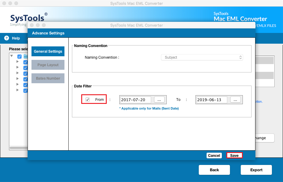 SysTools Mac EML Converter - EML to MBOX converter for Mac - Advanced Settings - Date Filter.