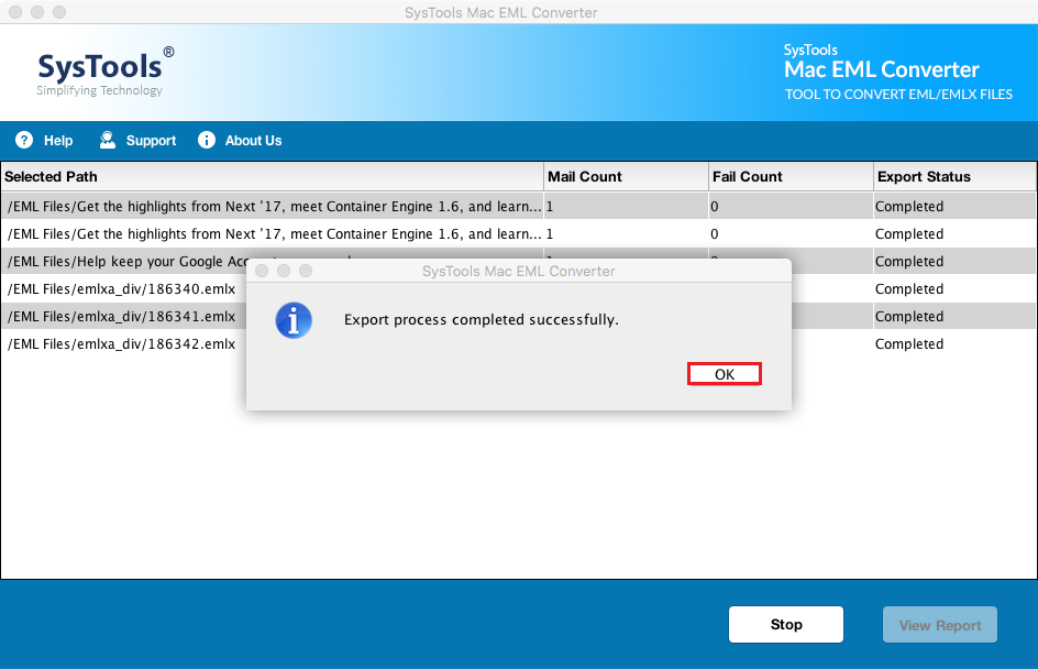 SysTools Mac EML Converter - Export process completed successfully. OK.