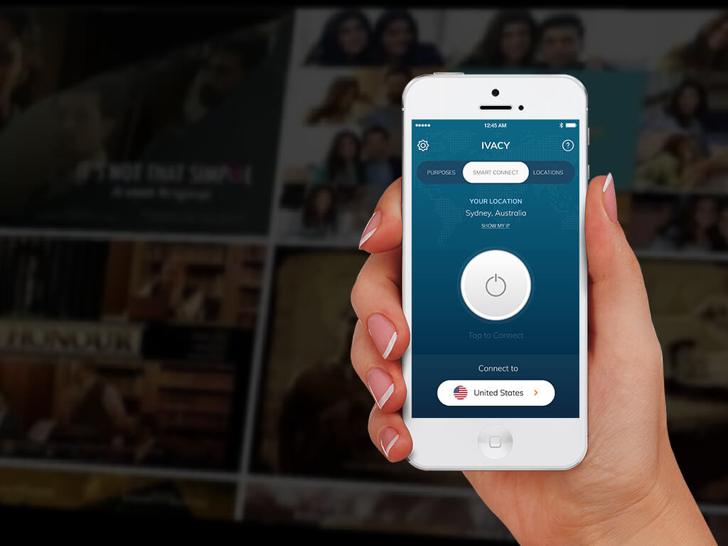 Ivacy VPN Smart Connect: Your Location is Sydney, Australia. Tap to Connect to United States.