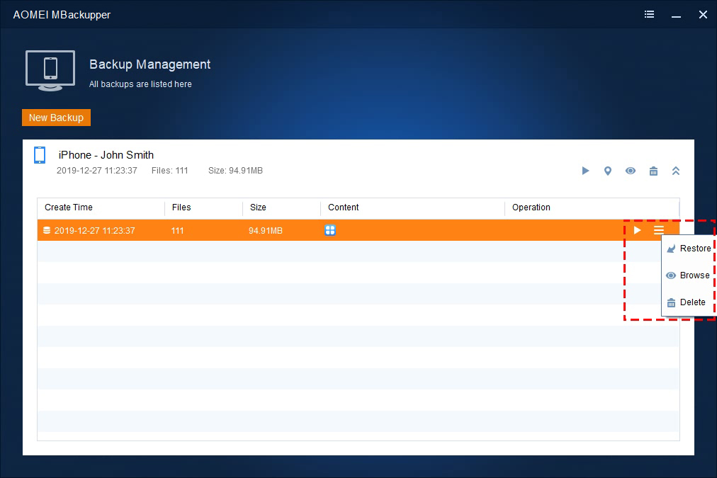 AOMEI MBackupper - Backup Management - Restore iPhone Backup.