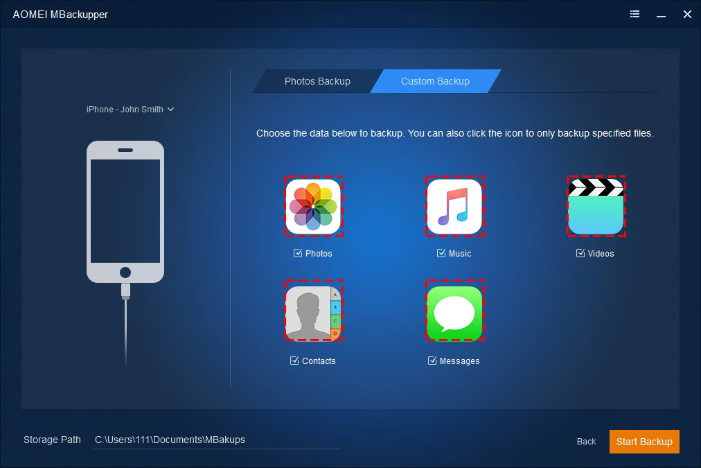 AOMEI MBackupper - iPhone Backup Software - Custom Backup iPhone Data - Choose the data to backup - Backup specified files.