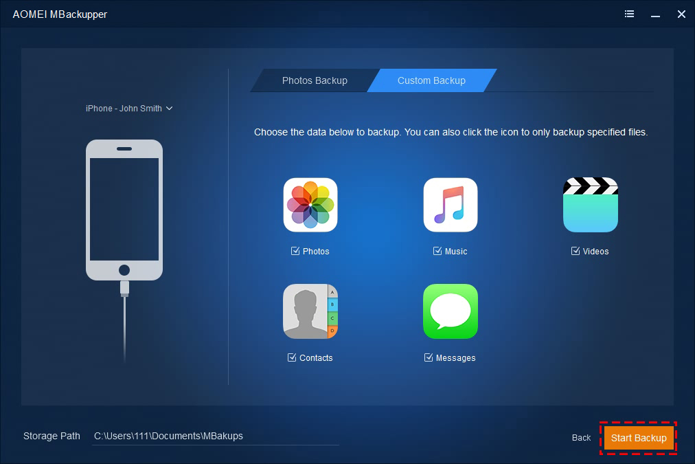 AOMEI MBackupper - Custom Backup iPhone Data - Create iPhone Backup - Start Backup to Save iPhone Data.