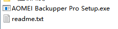 AOMEI Backupper Pro Setup.exe file and readme.txt file containing software license key.