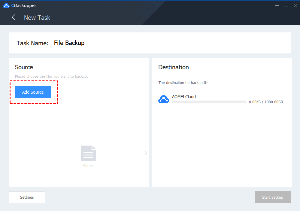 CBackupper File Backup: Add Source. Please choose the files you want to backup to AOMEI Cloud.