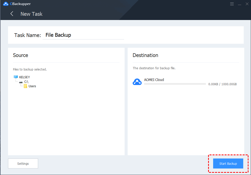CBackupper File Backup: Select files to backup and click Start Backup to backup your selected files to AOMEI Cloud.