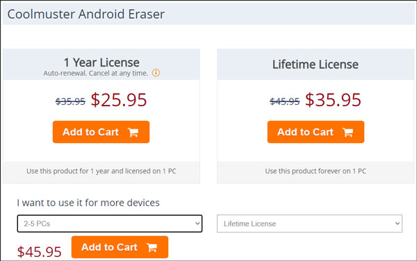 Coolmuster Android Eraser Prices and License Packages.