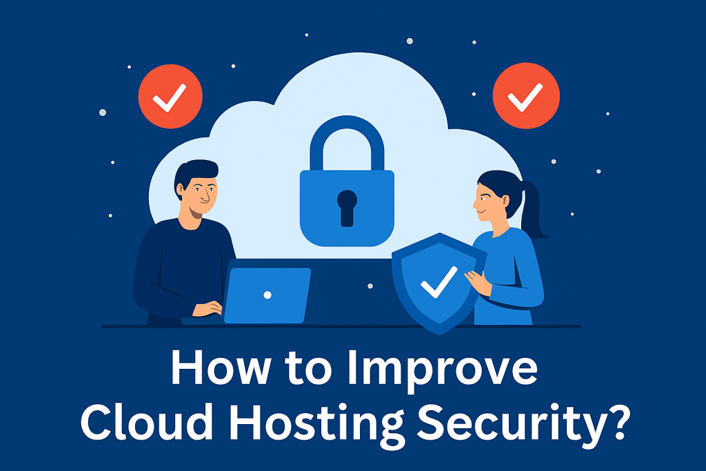 Illustration showing cloud hosting security featuring padlock, shield, and cloud security team members.