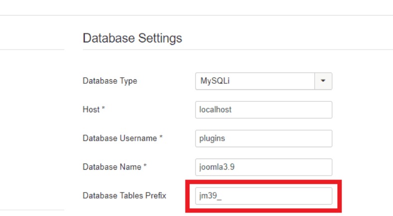 Joomla Database Settings: Database Type, Host, Database Username, Database Name, Database Tables Prefix.