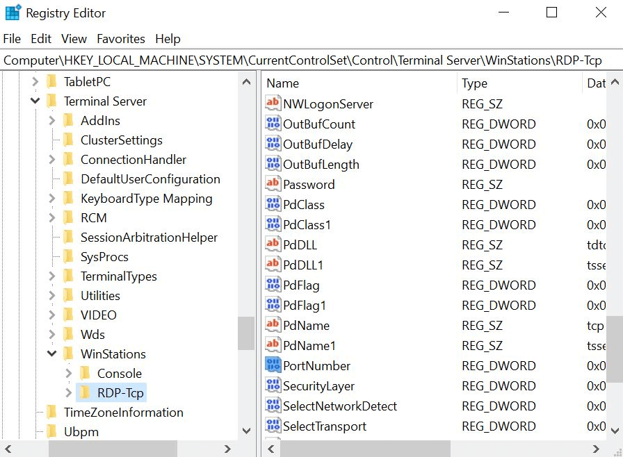 Windows Registry Editor - RDP Port Number
