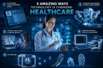 Modern healthcare technology illustration featuring Electronic Health Records (EHRs), artificial intelligence, robot-assisted surgery, virtual healthcare, virtual reality, advanced medical equipment, and 3D printing transforming patient care.